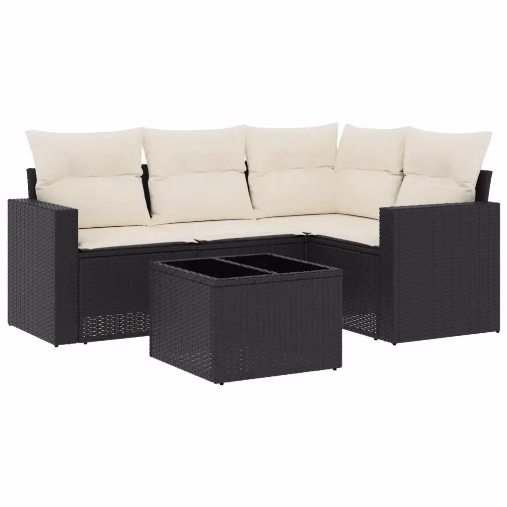 Set da giardino moderno vidaXL composto da 5 pezzi con divano a L, tavolino da caffè e cuscini bianchi in polyrattan e struttura in metallo – 2