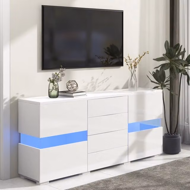 Credenza con LED controllati tramite app; 2 ante acriliche e 4 cassetti in MDF bianco