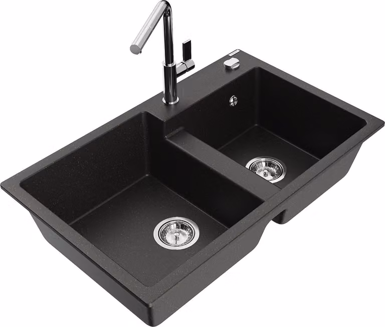 Mexen Tomas lavello in granito a 2 vasche con miscelatore cucina Flora, nero/oro metallizzato - 6516-75-670401-00