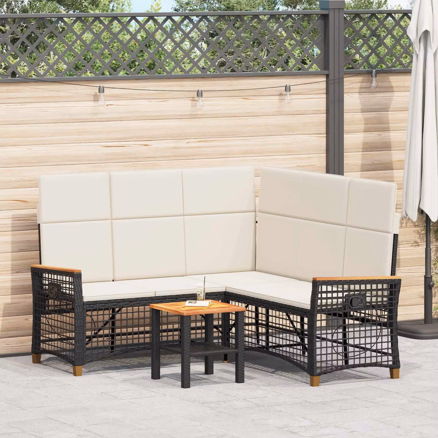vidaXL Set di Divani da Giardino a Forma di U con 5 Posti, Colore Nero e Bianco Crema, Struttura in Acciaio Verniciato a Polvere e Cuscini Inclusi – 1