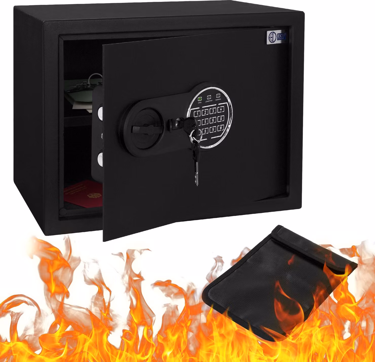 ECD Germany Safe Safe 27L 38x30x29,5cm cassaforte a muro in acciaio con tasca ignifuga tastiera digitale per gioielli, contanti cassaforte per mobili codice PIN e chiave