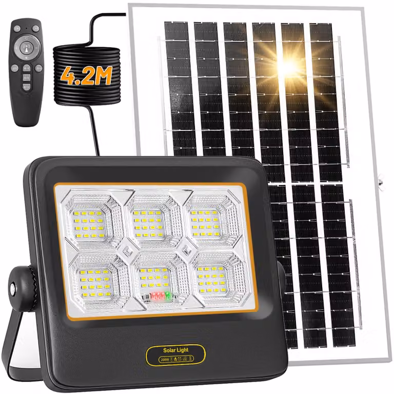 Lampada da esterno a LED solare, 5130 lumen, grado di protezione IP67, con telecomando e cavo da 4,2 metri
