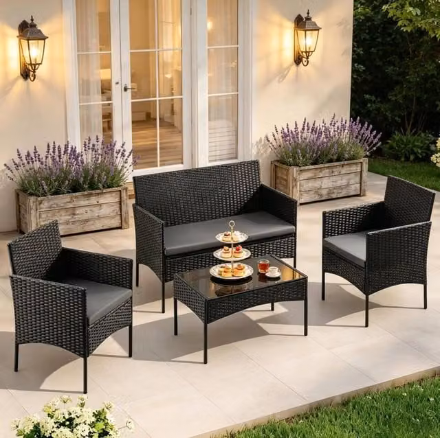 Set mobili da giardino per 4 persone in rattan PE nero; con tavolino in vetro temperato 71 cm