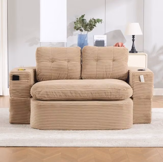 Poltrona letto 2 in 1 khaki in velluto a coste con 2 portabevande