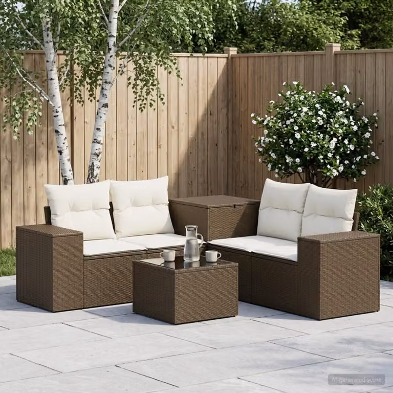 Set di divani da giardino vidaXL in polyrattan marrone e bianco crema, composto da 6 pezzi con divano a 2 posti, elementi angolari, tavolino da caffè e cuscini inclusi
