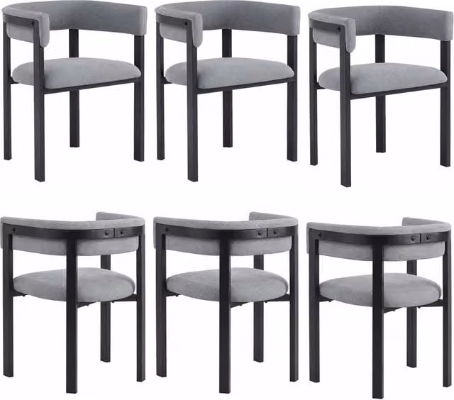 Set di 6 sedie da pranzo grigie in chenille con schienale avvolgente e struttura in metallo, design moderno