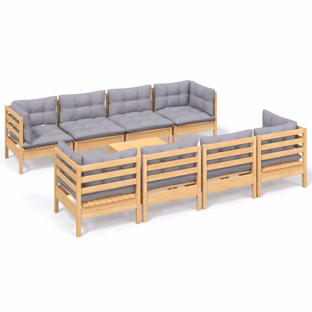 Set Divani da Giardino 9 pz con Cuscini Grigi Massello di Pino