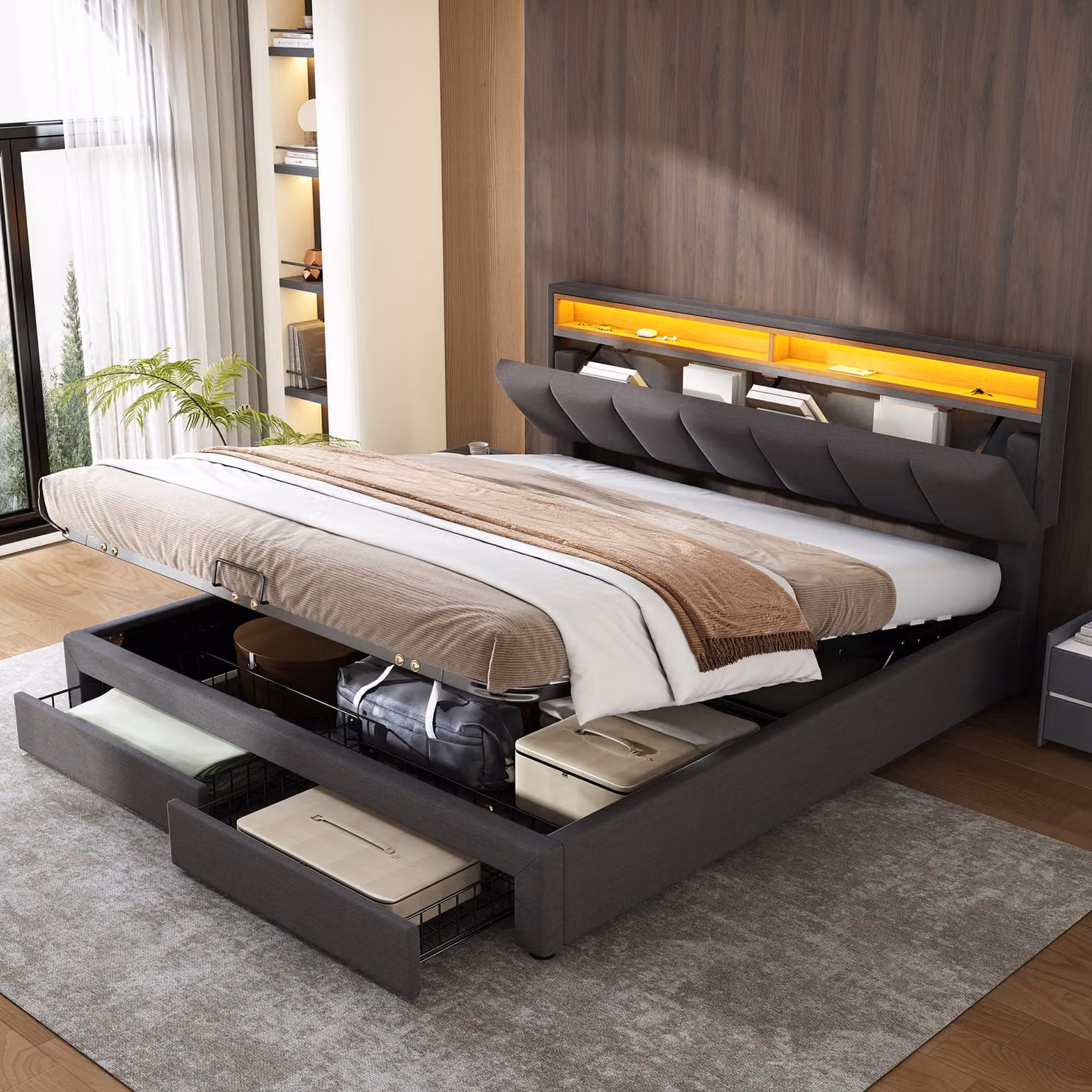 Letto imbottito Flieks 160x200cm con cassetto, letto a molle insacchettate con contenitore e rete a doghe, letto matrimoniale con testiera a led e contenitore, letto contenitore per ragazzi, biancheria, grigio