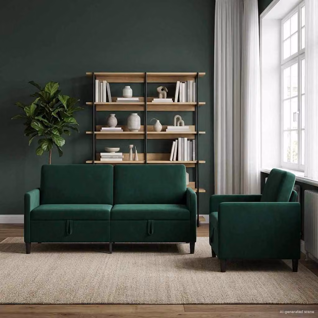 Set di divani moderni vidaXL con contenitore, rivestimento in tessuto verde e nero per soggiorno