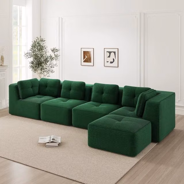 Divano angolare modulare 386.0x177.0x69.0 cm con seduta profonda in velluto a coste verde