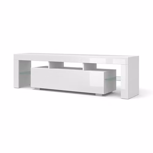 Mobile TV da 160 cm, bianco opaco/bianco lucido, moderno mobile per il soggiorno con vano portaoggetti, frontali in MDF, pannelli in vetro (bianco opaco/bianco lucido senza LED)