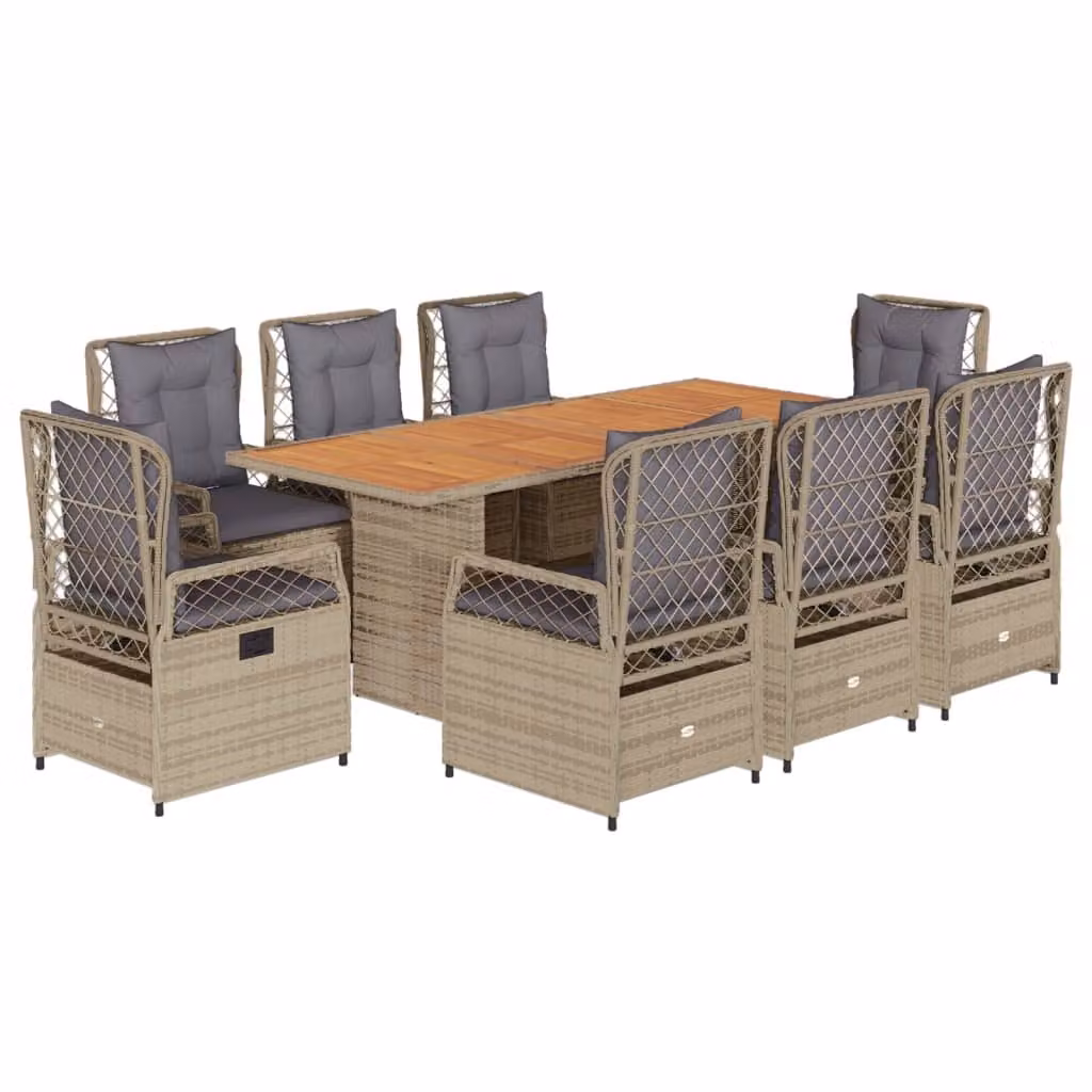 Set da Pranzo da Giardino 9 pz con Cuscini Beige in Polyrattan