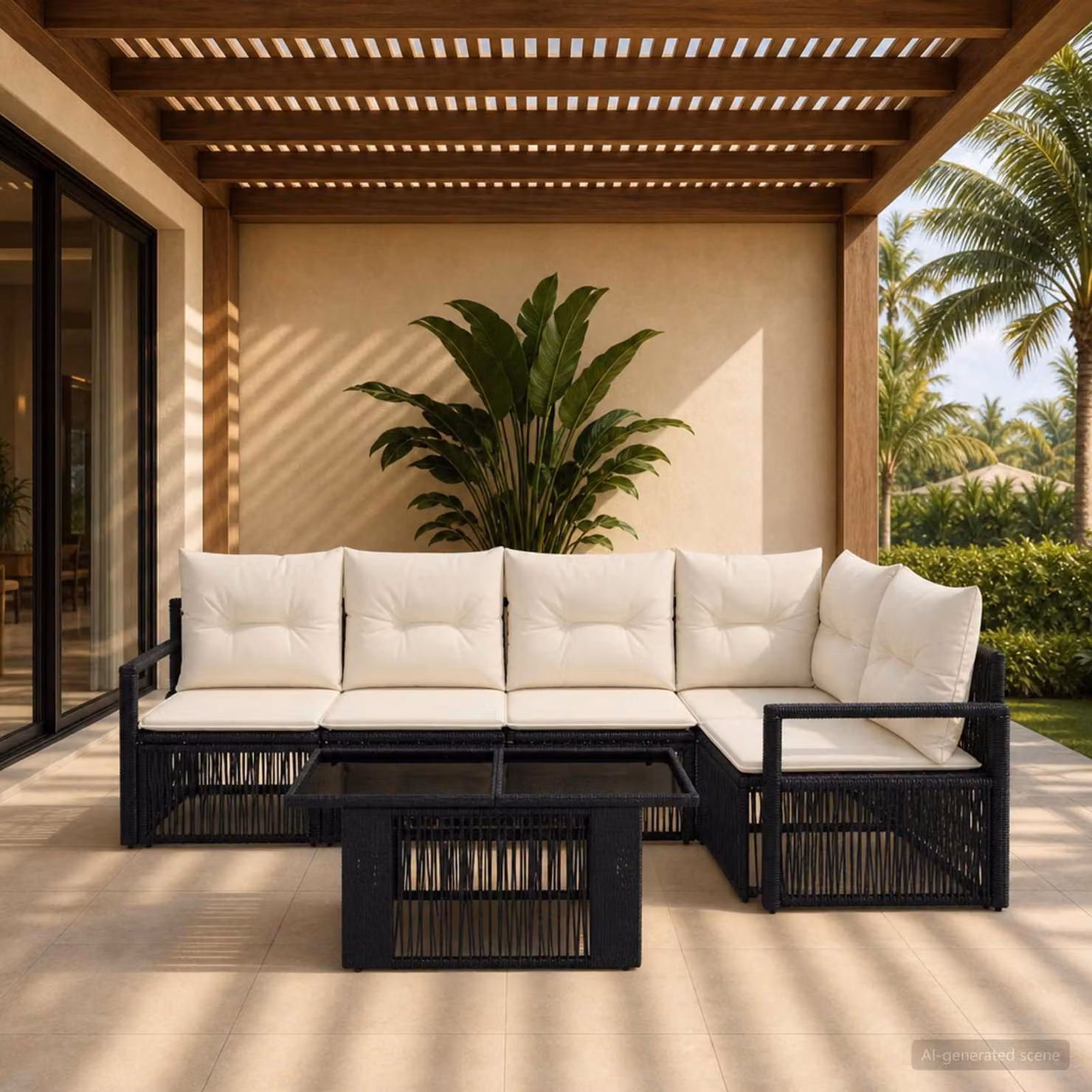 Set Divano da Giardino Moderno vidaXL in Polyrattan Nero e Bianco Crema con 6 Pezzi e Tavolino incluso