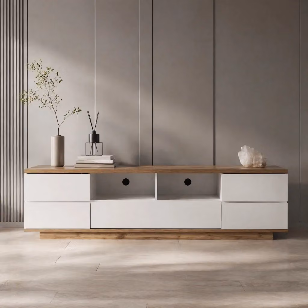 Mobile TV REDOM moderno in MDF bianco e beige con 5 ante e 2 vani aperti L: 180 cm, P: 38 cm, H: 46 cm – 2