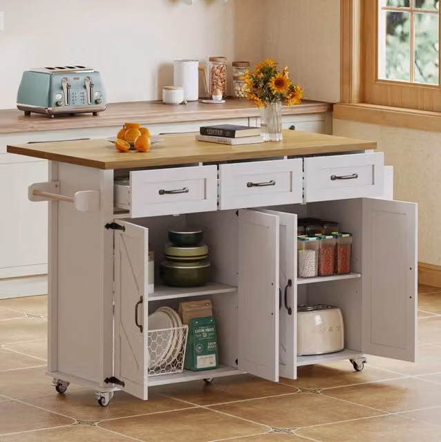 Isola da cucina ULEVR 140x43(70)x90,5 cm con piano ribaltabile, 4 ante, 3 cassetti e 5 ruote bloccabili