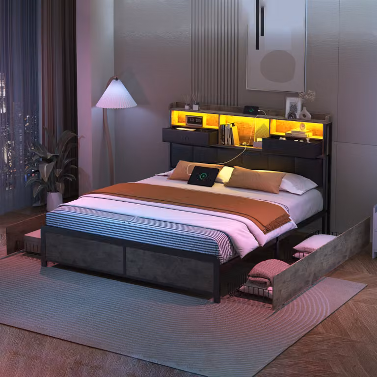 Letto matrimoniale imbottito ProximaX letto in metallo 140x200cm con rete a doghe, letto per ragazzi con Led e USB, letto contenitore con 4 cassetti, per adulti e ragazzi, funzione contenitore, metallo, marrone