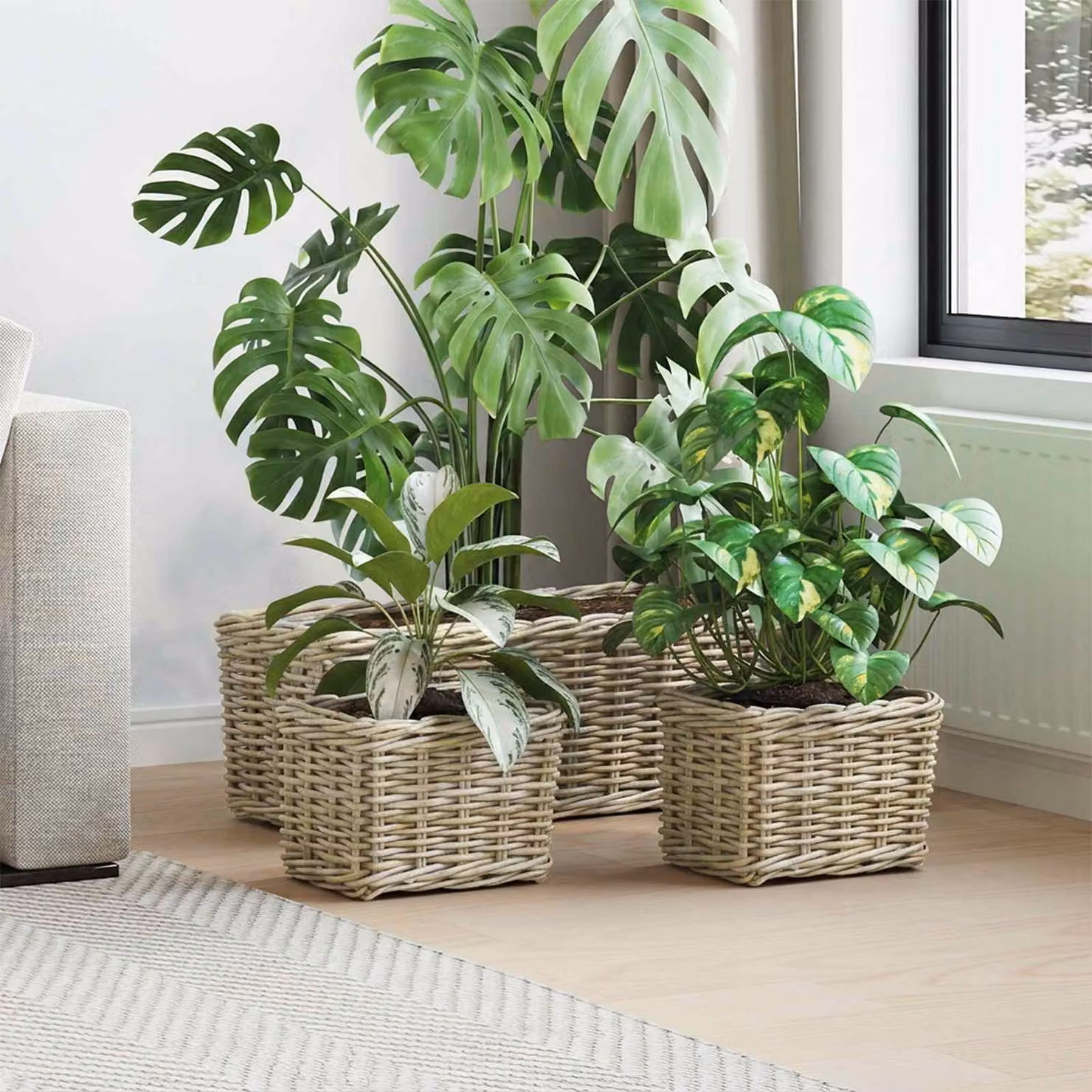 Set di 3 cestini per vasi vidaXL GENDT in rattan Kubu, colore grigio e beige, stile rustico