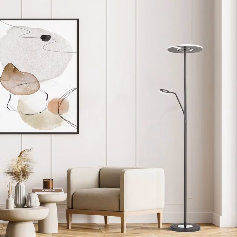 FISCHER & HONSEL Lampada da terra con luce lettura Dent, dimmerabile, Nero, Soggiorno / Sala da pranzo, Metallo, Moderno, Lampada LED da terra