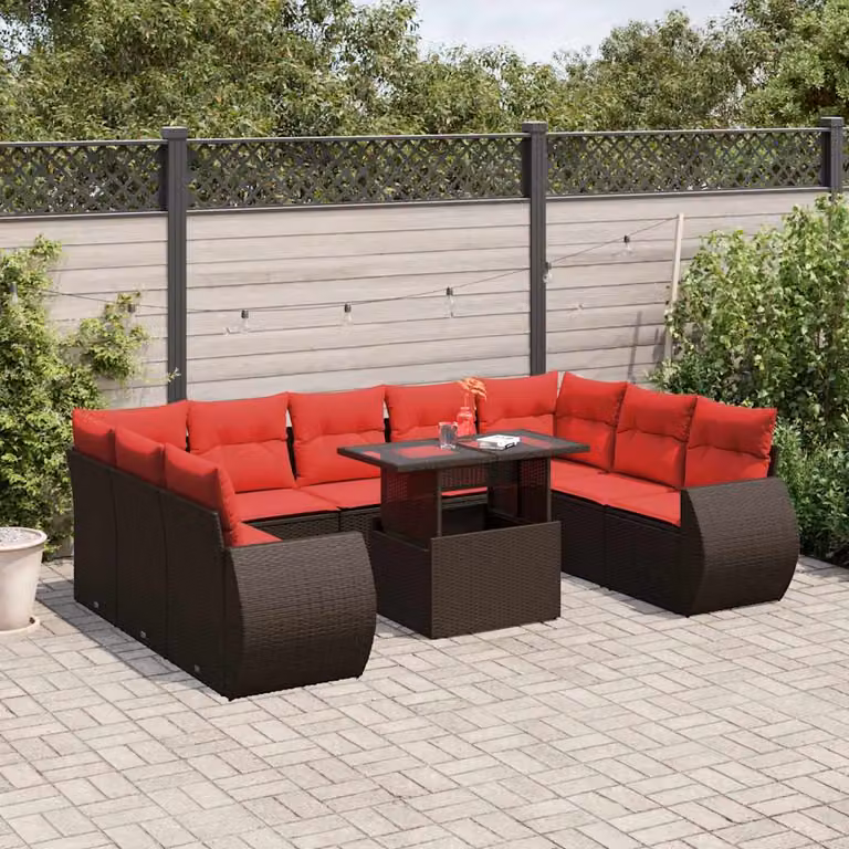 Set di divani da giardino vidaXL in polyrattan marrone con cuscini e tavolino da esterno a forma di U per 10 persone