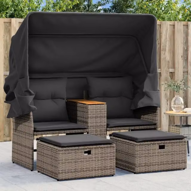 Divano Giardino 2 Posti-Sofa da Giardino-Divanetto da esterno Baldacchino e Sgabelli Grigio Polyrattan 941259