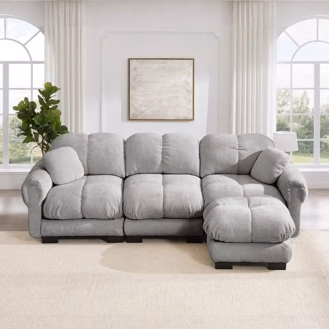 Divano angolare a 3 posti MIVRAY in tessuto grigio con ottomana coordinata e sedute imbottite per soggiorno, L/P/H: 260 x 90 x 149 cm