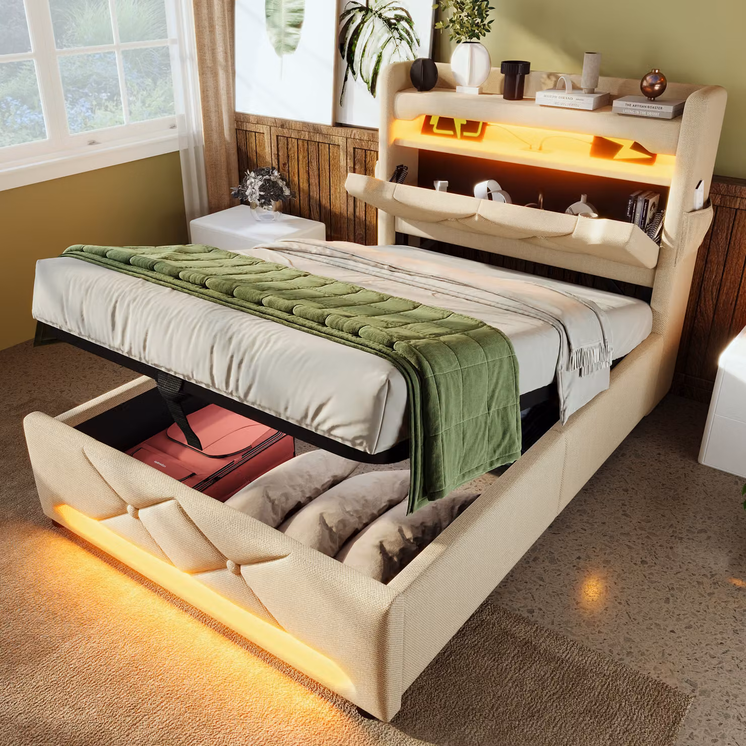 MODFU Letto imbottito 90x200 senza materasso, letto per ragazzi con testiera e contenitore, letto contenitore con porta USB e porta Type-C e illuminazione a LED, beige