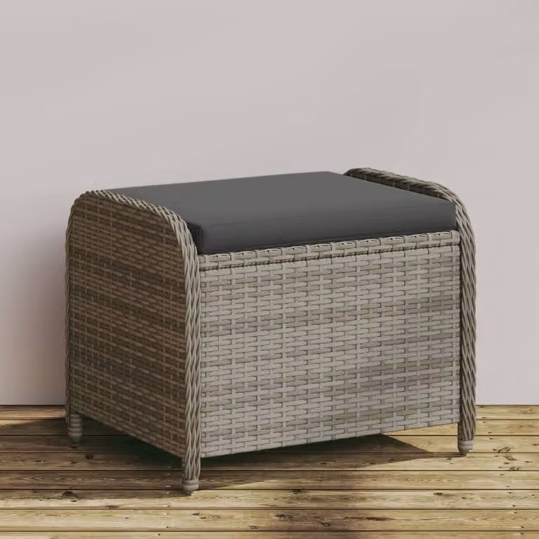 Sgabello da giardino vidaXL in polyrattan grigio con cuscino, L: 58 cm, P: 46 cm, H: 46 cm
