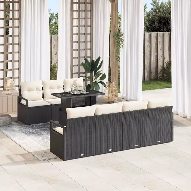 Set Divano da Giardino vidaXL 8 Pezzi con Tavolino Nero e Beige in Polyrattan e Acciaio