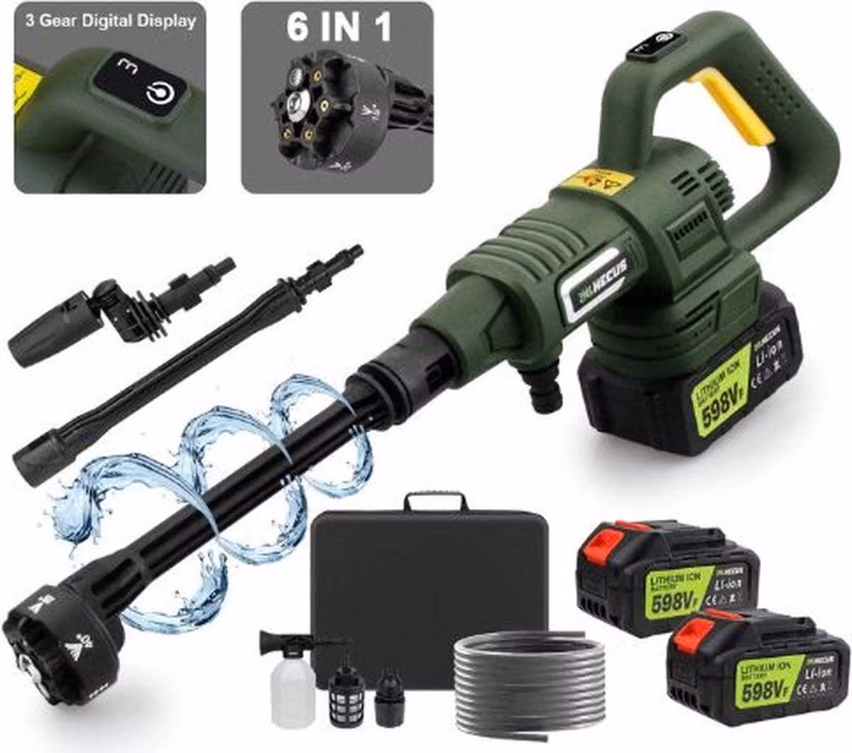 Idropulitrice a batteria - Pistola a pressione wireless - 200 bar - Ugello multifunzione 6-in-1 - Con due batterie e custodia - Verde