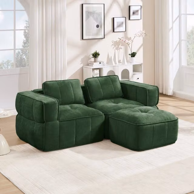 Divano modulare angolare 198x162x67 cm con pouf schiuma 32D poliestere verde