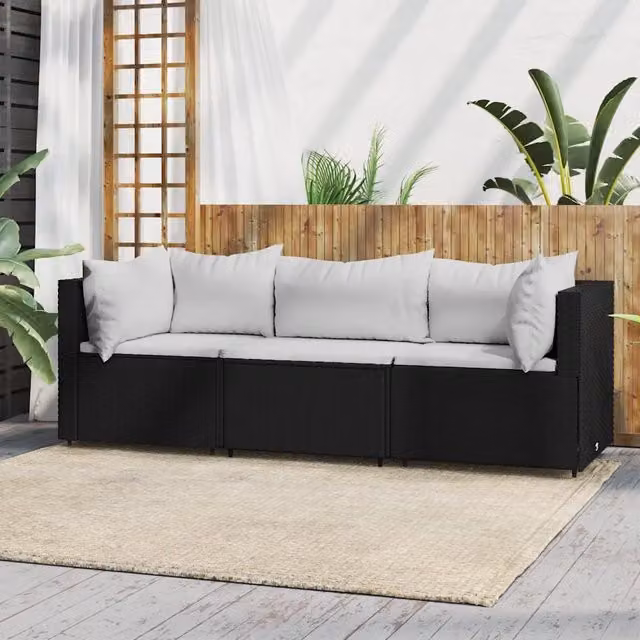Set Divani da Giardino 3 pz con Cuscini Nero in Polyrattan 319734