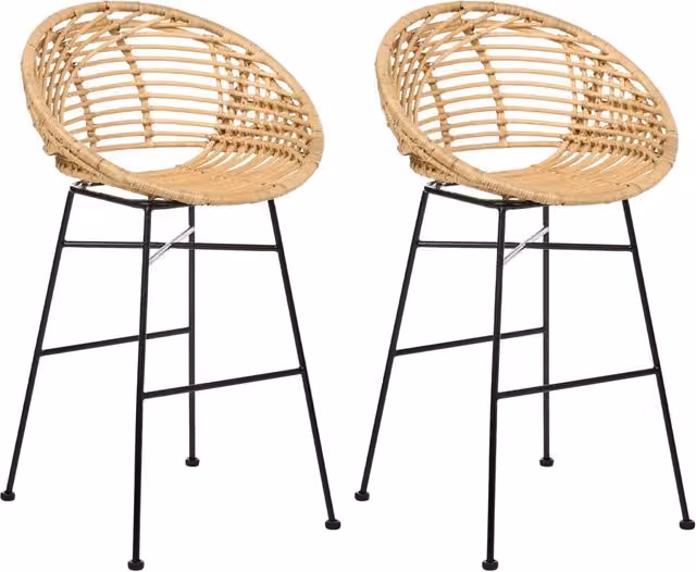 Set di 2 sedie da bar in rattan naturale con struttura in ferro, stile industriale e boho, per interni