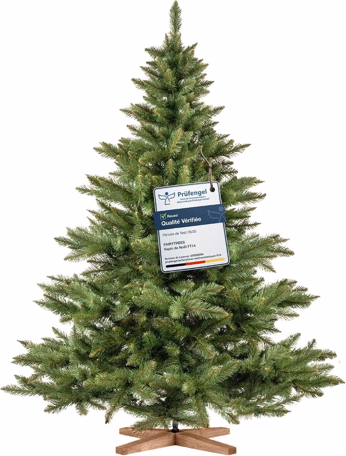 FairyTrees albero di Natale artificiale 180cm Abete Nordmann con supporto in legno | Albero di Natale artificiale con tronco verde | Facile da Montare | Prodotto in EU