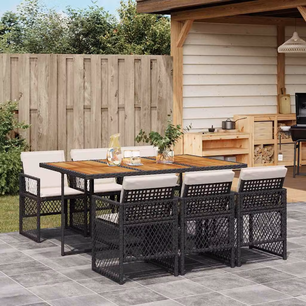 vidaXL Set da Pranzo da Giardino Moderno in Legno di Acacia e Polyrattan, 7 Pezzi, Nero e Bianco – 1