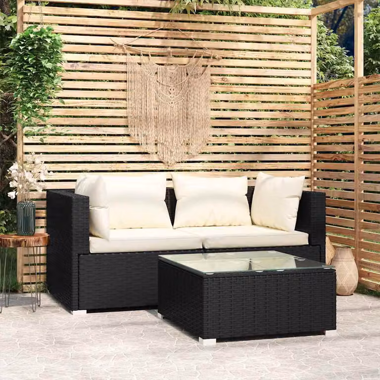 Set da giardino vidaXL composto da divano a 2 posti, elemento angolare, tavolino da caffè e cuscini in polyrattan nero e beige con struttura in acciaio verniciato a polvere