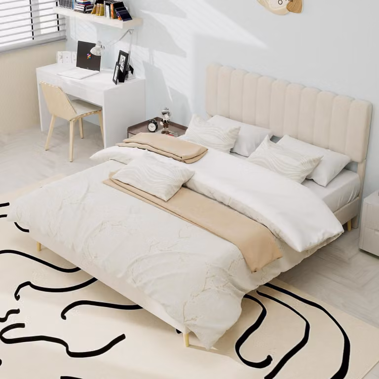 MODFU letto imbottito 140x200 multifunzionale per la camera da letto con morbida testata, letto matrimoniale con tessuto in velluto olandese e facile installazione, senza materasso, beige