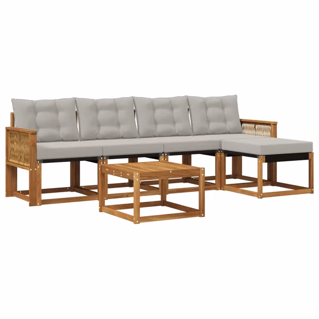 Set di mobili da giardino vidaXL composto da 6 pezzi con divano a L, tavolino da caffè e pouf in legno di acacia, colore beige e grigio – 2