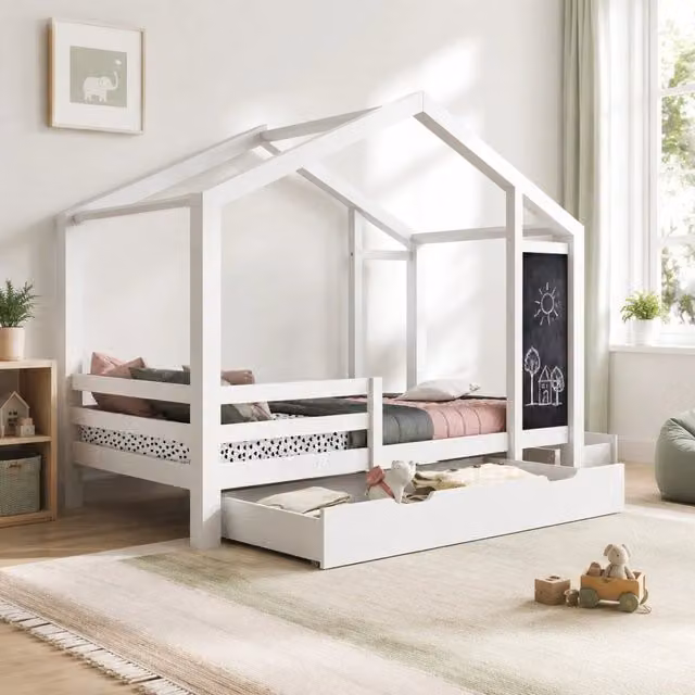 Letto a Casetta per Bambini 90x200 cm Bianco con Lavagna, Cassetti e Rete