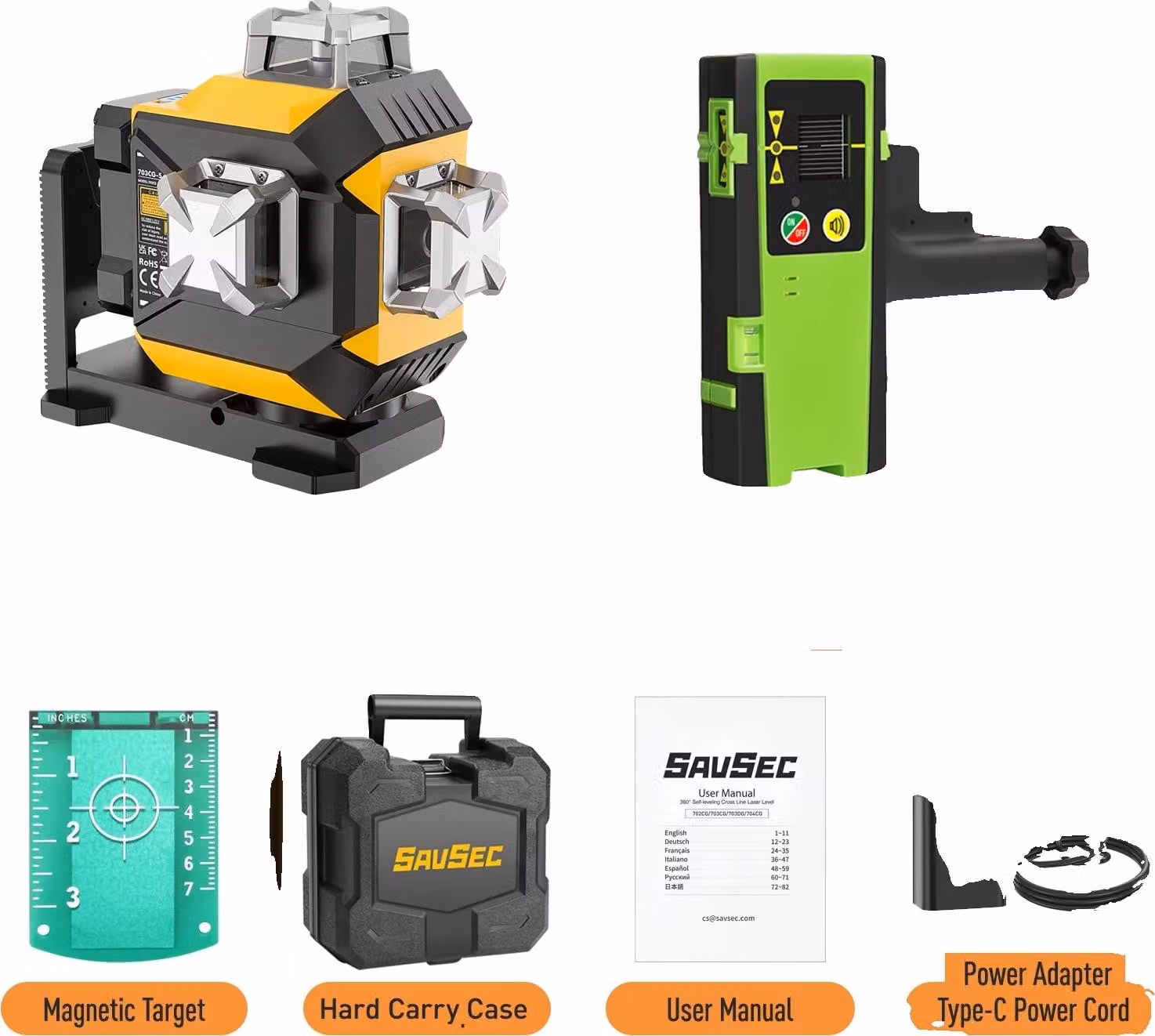 Livella laser, raggio verde ad alta visibilità, funzione di autolivellamento, modello 703CG con ricevitore
