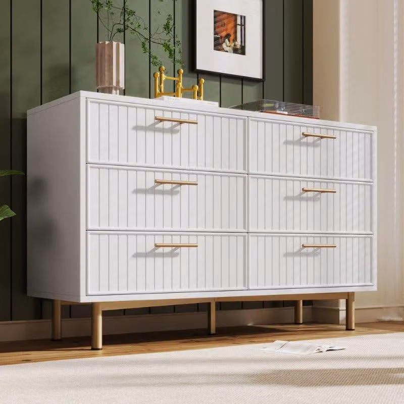 Comodino in metallo con 6 cassetti – Mobile portaoggetti e contenitore – Bianco con dettagli dorati – Larghezza 120 cm – Non richiede montaggio
