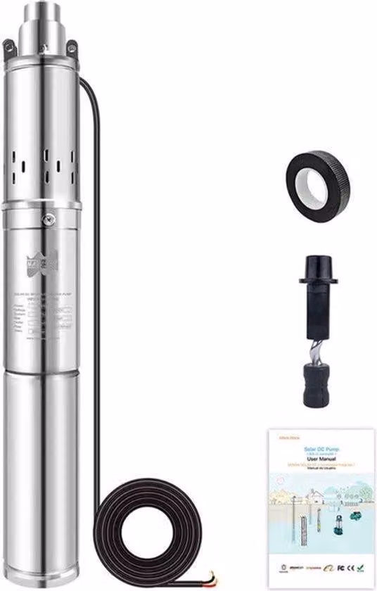 Pompa sommergibile - Adatta per pozzi profondi - Alimentazione a corrente continua (DC) - 750W - Acciaio inossidabile - Argento - Ideale per giardinaggio e gestione dell'acqua