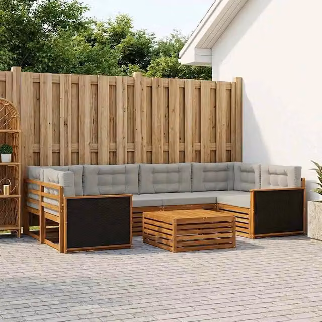 Set di divani da esterno a L con tavolino vidaXL in legno di acacia, 7 pezzi, beige e grigio