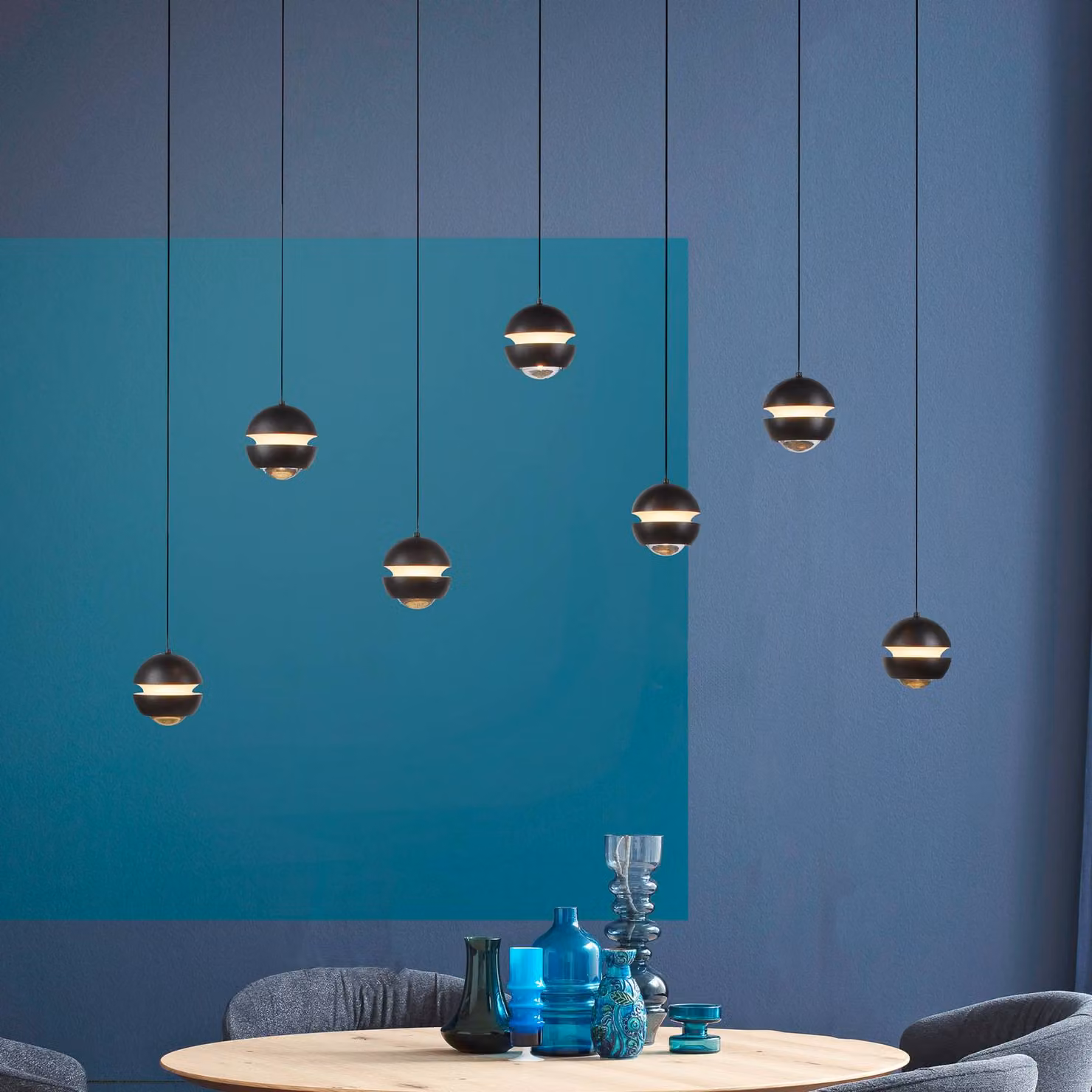 Schöner Wohnen SCHÖNER WOHNEN Lampada LED a sospensione 7 luci lunga 3.000K Lini, dimmerabile, Nero, Soggiorno / Sala da pranzo, Plastica, Moderno