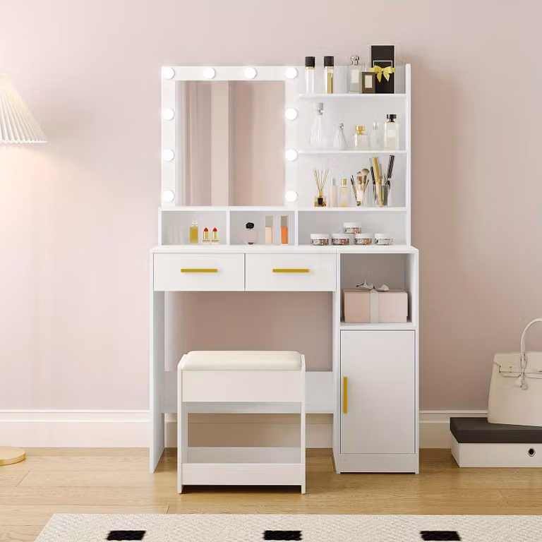 Comò con sgabello e specchio - Bianco - 10 luci LED con intensità regolabile e contenitore portaoggetti