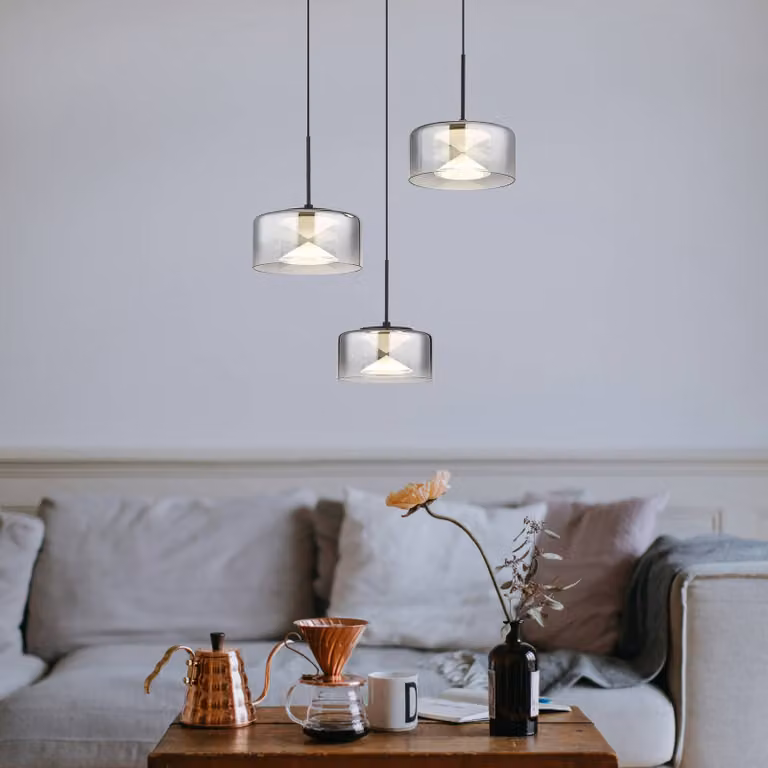 Globo Lampada LED a sospensione Belinda, Ø 40 cm, grigio fumo, 3 luci, vetro Belinda, Alluminio / Grigio / Zincato, Soggiorno / Sala da pranzo, Vetro