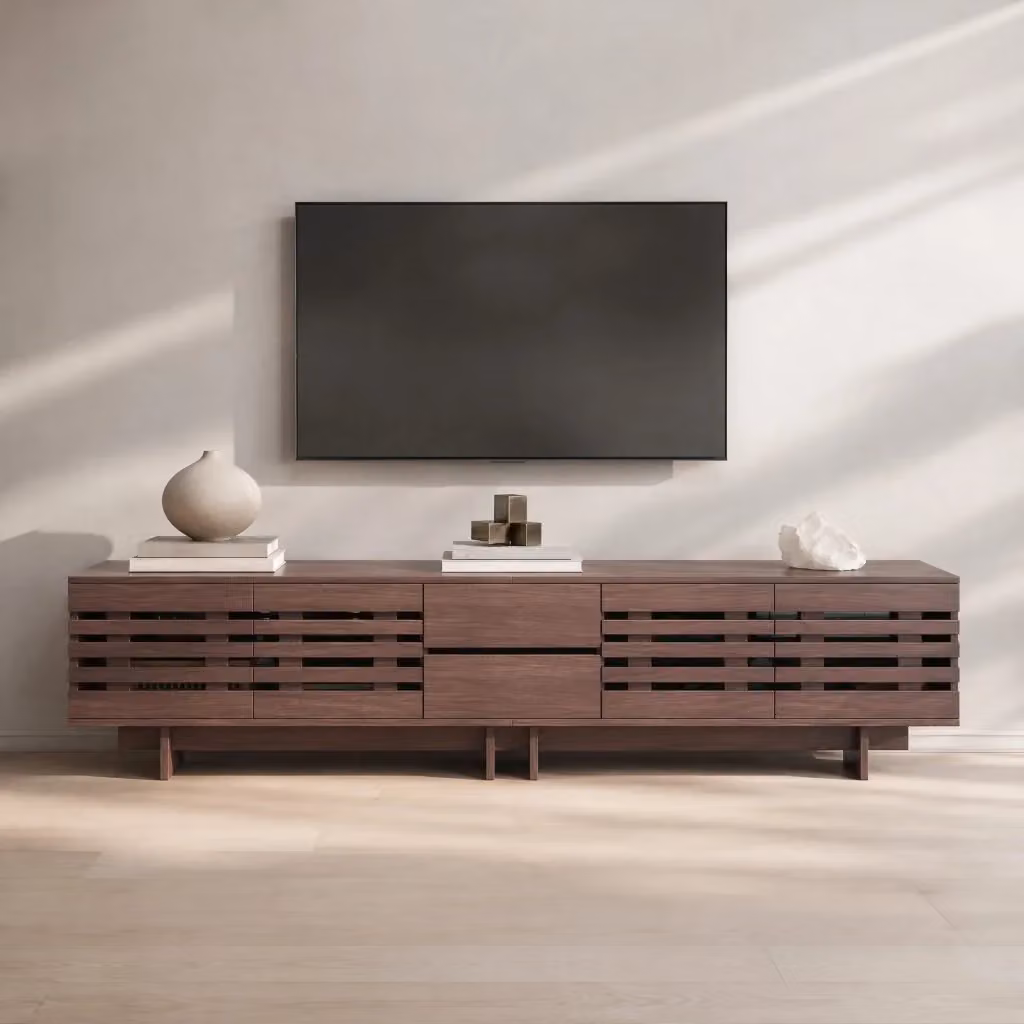 Mobile TV moderno Mivray color noce con 4 ante, 2 cassetti e 6 vani per televisori fino a 80 pollici, L: 200 cm, P: 39.5 cm, H: 55 cm – 2