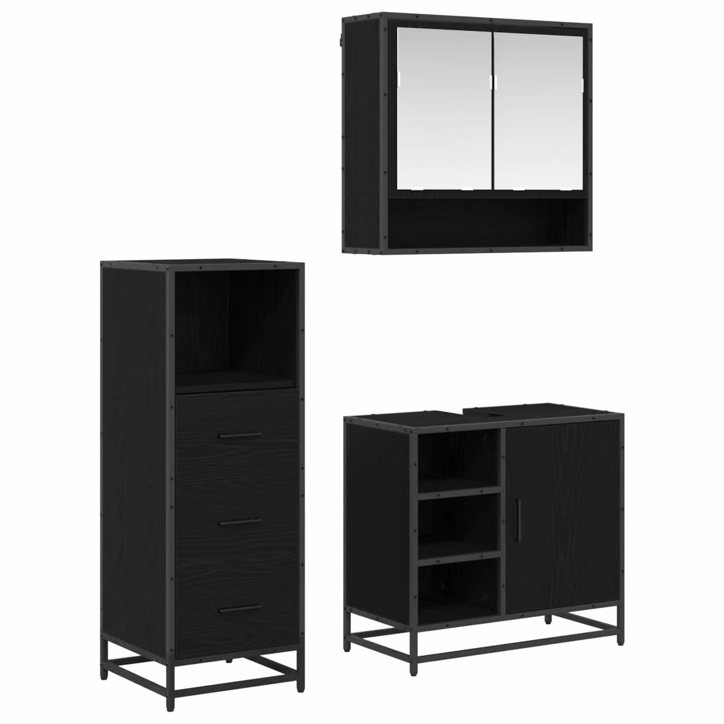 Set di mobili per il bagno moderno vidaXL in 3 pezzi, Rovere e Nero, con mobile lavabo, armadietto a specchio e colonna alta, L/P/H: 100 x 35 x 65 cm