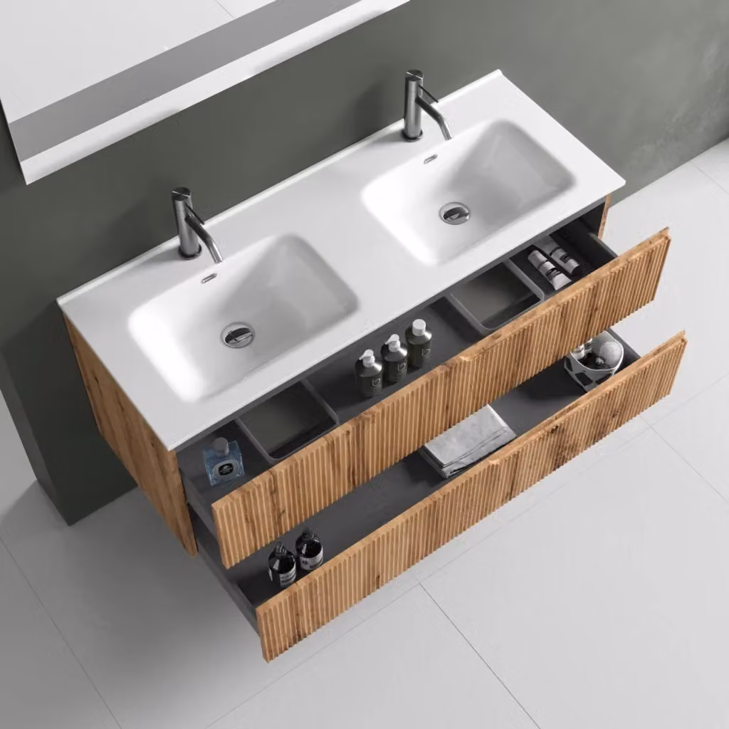 Composizione bagno Venere AQA DESIGN a 5 pezzi con doppia vasca, finitura quercia opaca e illuminazione LED, L: 120 cm, P: 45 cm, H: 190 cm – 2