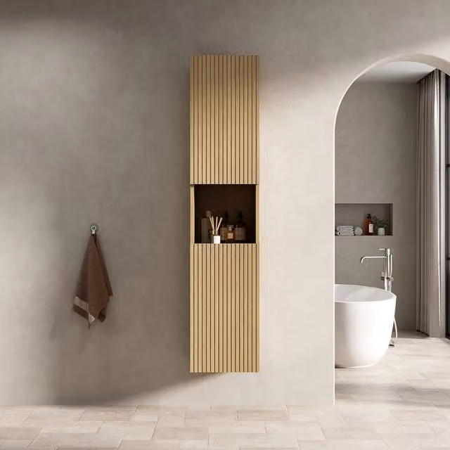 Armadietto da bagno con 2 ante e 1 vano aperto, per bagno, in multistrato, rovere dorato, 168 × 43 × 17 cm