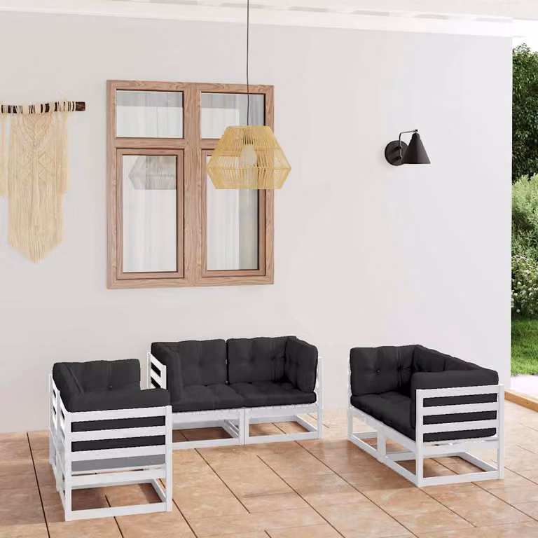 Set di divani da giardino vidaXL in legno di pino con cuscini, design moderno a forma di L, 6 pezzi